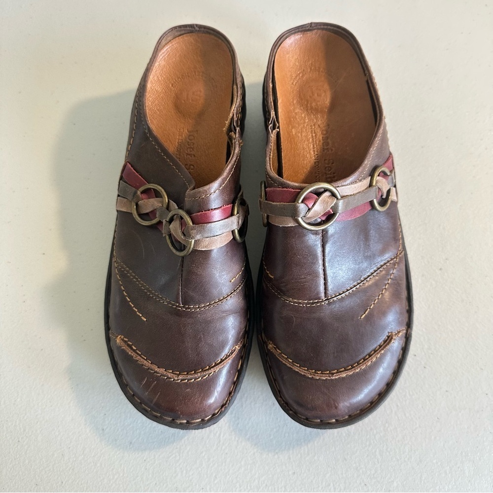 Josef Seibel Brown Leather Mules with Red Accents